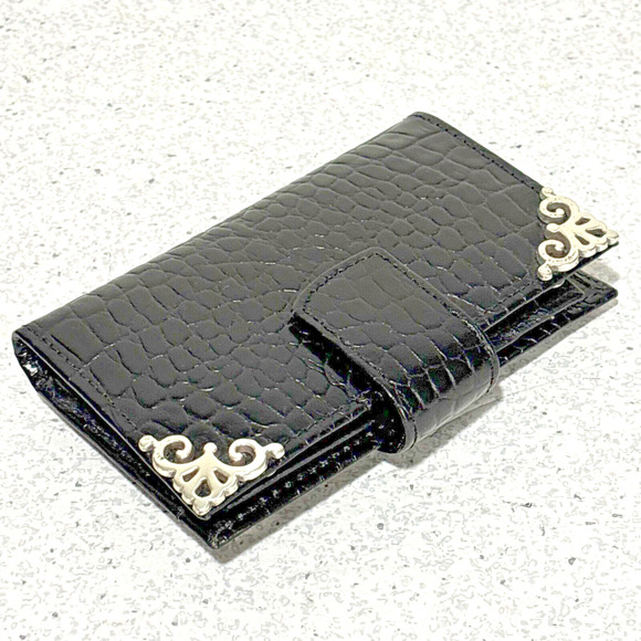 Brighton Black Leather Wallet Moc Croc Textured Card ID Bifold Coin Purse Silver - Picture 8 of 9